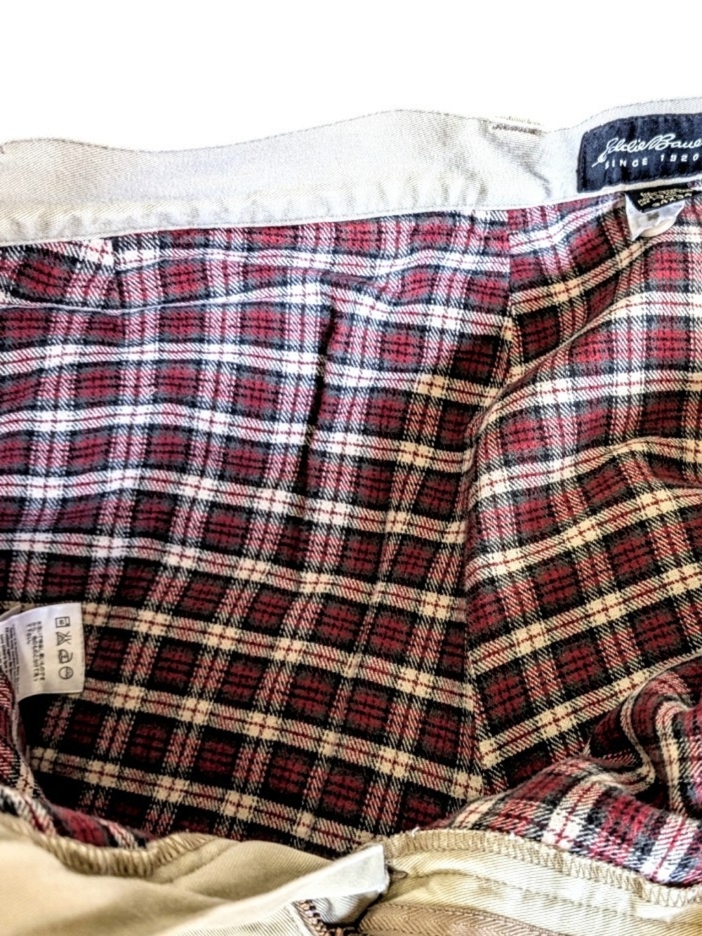Eddie Bauer Flannel Lined Chino Pants Khaki Plaid Size 34x34 Tall